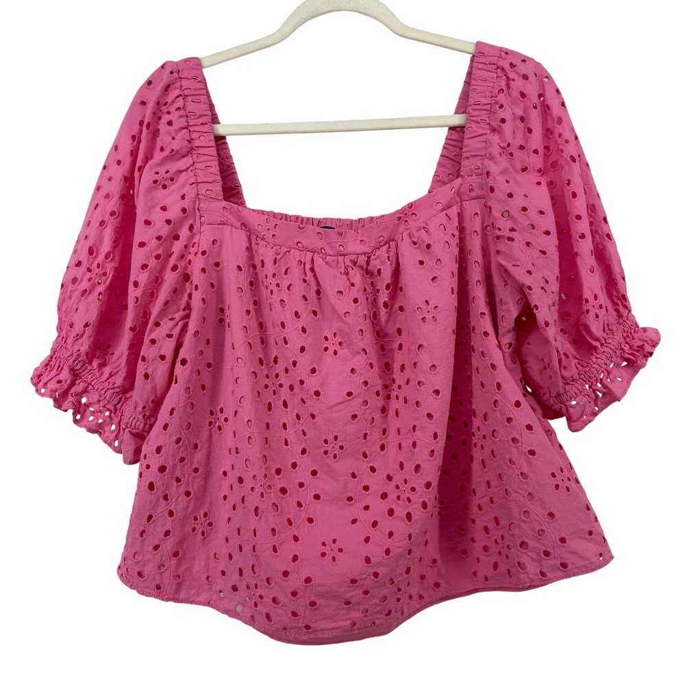 1.STATE Size XL Eyelet Blouse Pink Puff Sleeve Square Neck Cotton Top Womens